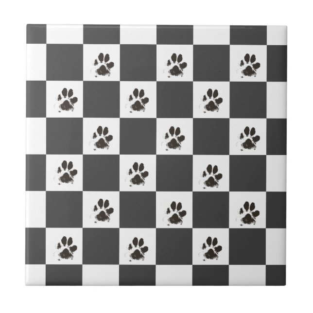 Paws Dog Pet Chequerboard Black White |  Tile (Front)