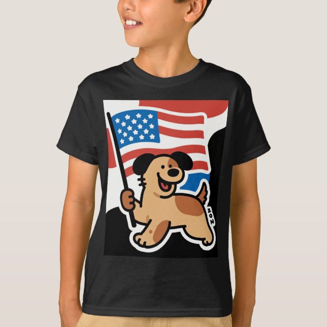 Paws for Freedom: Patriotic Pup with Flag T-Shirt (Front)