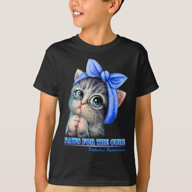Paws For The Cure Diabetes Awareness Cute Cat Blue T-Shirt (Front)