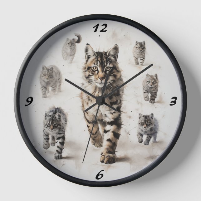 Paws of Time: Black & White Cats Wall Clock (Front)