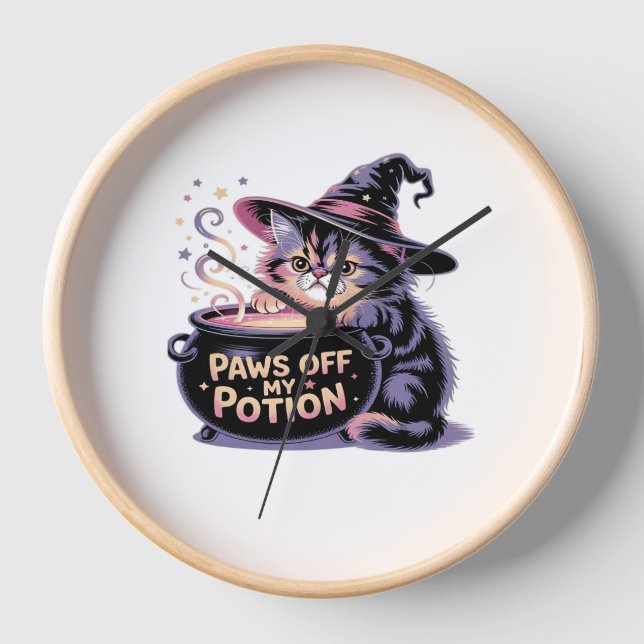 Paws Off My Potion, Kawaii Halloween Witch Cat Cla Clock (Front)