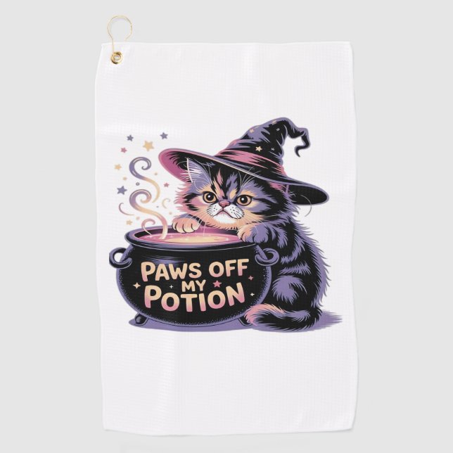 Paws Off My Potion, Kawaii Halloween Witch Cat Cla Golf Towel (Front)