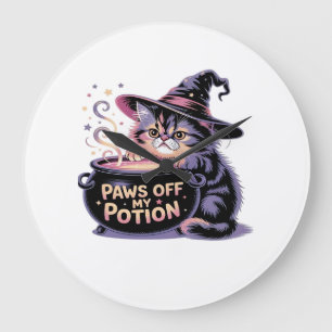 Paws Off My Potion, Kawaii Halloween Witch Cat Cla Large Clock
