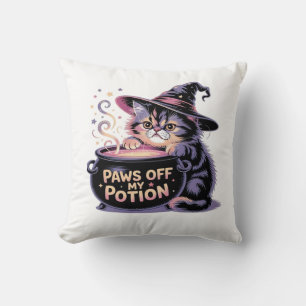 Paws Off My Potion, Kawaii Halloween Witch Cat Cla Throw Pillow