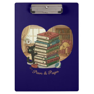 Paws & Pages   Cute Cat & Dog in Cozy Library Book Clipboard