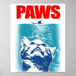 PAWS POSTER<br><div class="desc">Paws features the perfect sea monster on textured water background with it's unsuspecting prey above. This design has bold red text and is based on a 1980's themed. #paws #cats #retro #predator #feline #mouse #colourful #popculture #1980's #humour #animal #cute</div>