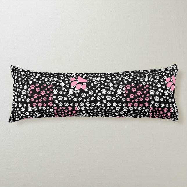 Paws print pattern NS 01b. Black BG Body Pillow (Front)
