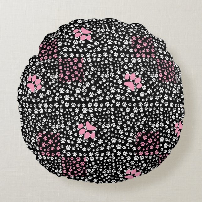 Paws print pattern NS 01b. Black BG Round Pillow (Front)