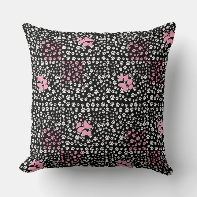 Paws print pattern NS 01b. Black BG Throw Pillow (Front)