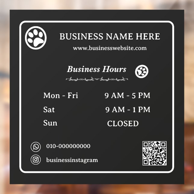 Paws QR Code Minimalist Business Opening Hours Window Cling (Sheet 2)