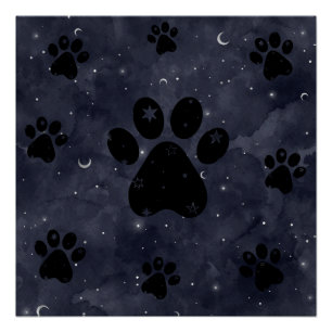 Paws Star and Crescent Moons Blue Watercolor Poster