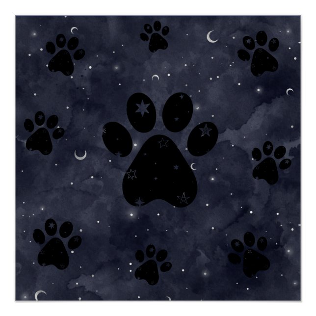 Paws Star and Crescent Moons Blue Watercolor Poster (Front)