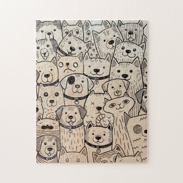 Paws Together Whimsical Crowd of Dogs and cat Jigsaw Puzzle (Vertical)
