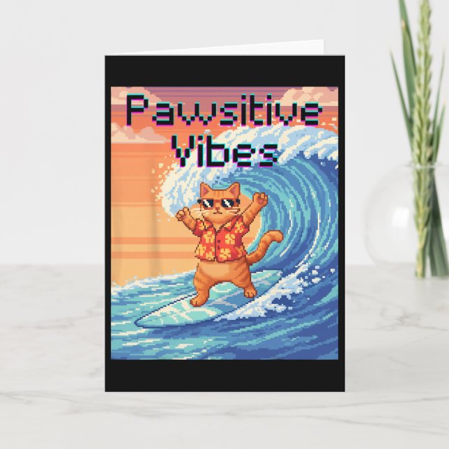 Pawsitive Vibes Cat Surfing - Pixel Art Wave  Card (Front)