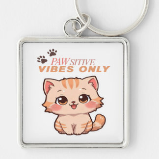 Pawsitive Vibes Only – Cute Kawaii Cat Design Keychain