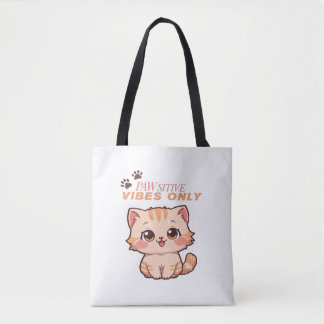 Pawsitive Vibes Only – Cute Kawaii Cat Design Tote Bag