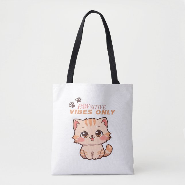 Pawsitive Vibes Only – Cute Kawaii Cat Design Tote Bag (Front)