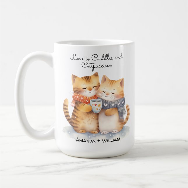 Pawsitively in Love Cute Cat Cuddle Cartoon Coffee Mug (Left)