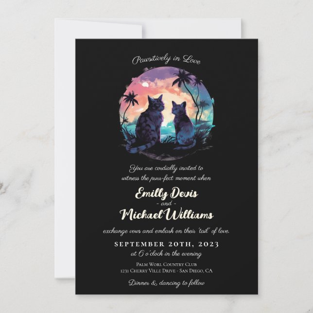 Pawsitively in Love Sunset Romantic Black Wedding Invitation (Front)