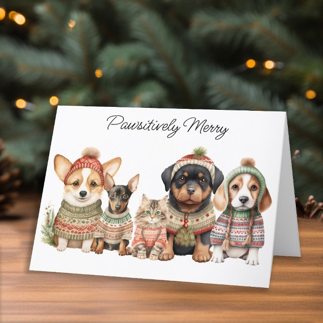 Pawsitively Merry Christmas Cute Dog Cat Pets Holiday Card (Creator Uploaded)