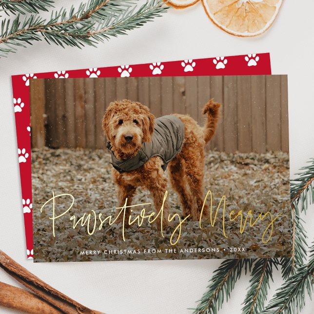 Pawsitively Merry Red Pet Photo Foil Holiday Card (Creator Uploaded)