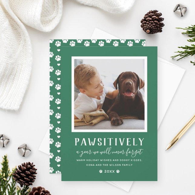 Pawsitively Pet Photo Paw Prints Green Holiday Card (Creator Uploaded)