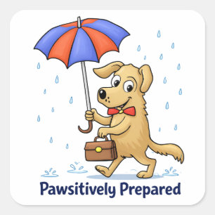 Pawsitively Prepared – Cute Dog with Umbrella Square Sticker