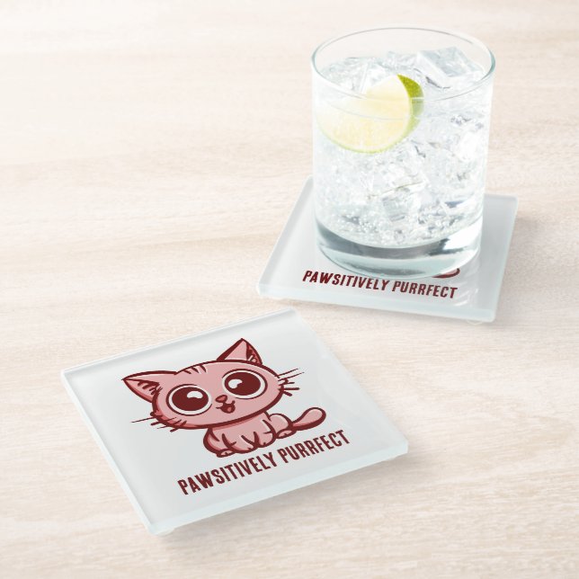 Pawsitively Purrfect, Beautiful Manga Kitten Glass Coaster (Angled)