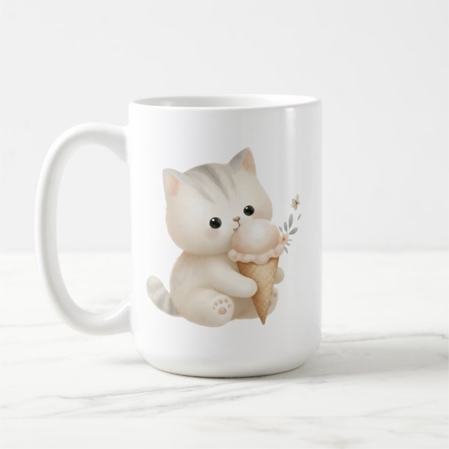 Pawsitively Sweet Happy Cat with Ice Cream Cone Coffee Mug (Left)