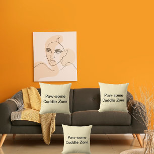Pawsome Cuddle Zone Cute Cat Personalized Cream Throw Pillow
