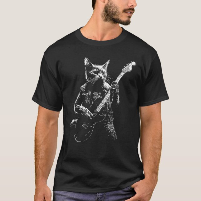 Pawsome Rhythms Cat Playing Guitar Art T-Shirt (Front)