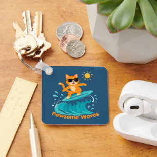 Pawsome Waves Surfing Orange Cat Acrylic / Metal Keychain