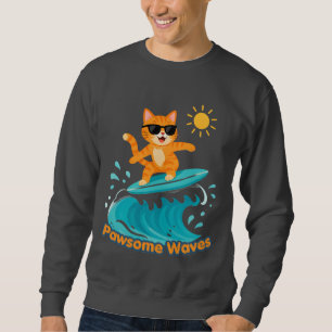 Pawsome Waves Surfing Orange Cat Cozy Crewneck Sweatshirt