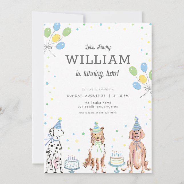 Pawty Blue Boy Dog Invitation d'anniversaire (Devant)
