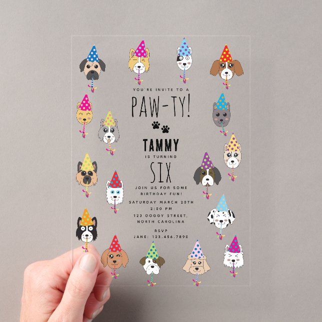 Pawty Cute Birthday Party Dogs Acrylic Invitations (Insitu (Handheld))