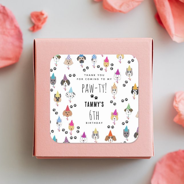Pawty Cute Birthday Party Dogs Square Sticker (Pawty Cute Birthday Party Dogs Square Sticker)