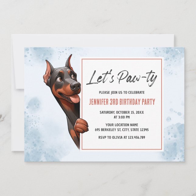 Pawty Doberman Dog Invitation d'anniversaire (Devant)