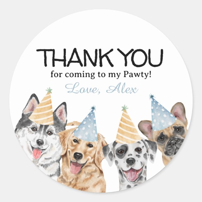 Pawty Puppy Dog Thank You Birthday Party favour Classic Round Sticker (Front)
