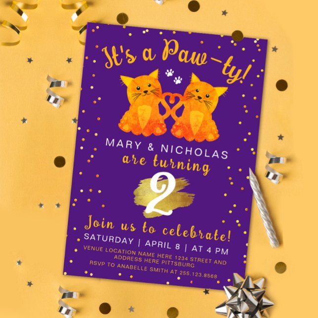Pawty Purple Orange Twin Friend Kitten Joint Party Invitation (Creator Uploaded)