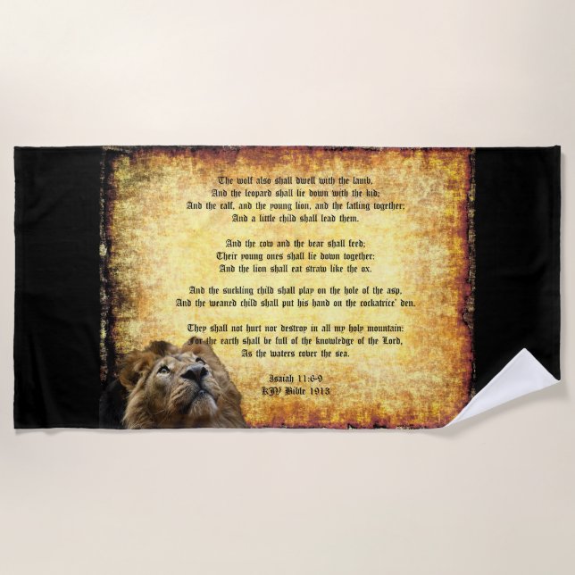 Pax Christos, Lion with Isaiah 11:6-9 Beach Towel (Front)