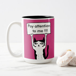 Pay attention to me board holding cat illustra Two-Tone coffee mug