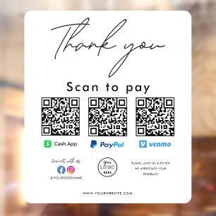 Paypal Cash App Venmo QR Code Logo Thank you Window Cling