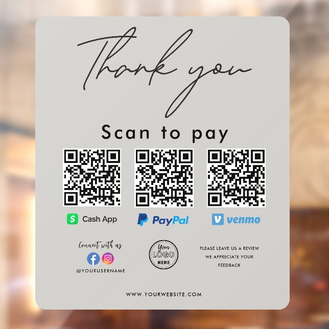 Paypal Cash App Venmo QR Code Logo Thank you Window Cling (Sheet 2)