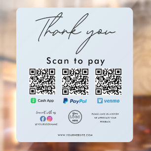 Paypal Cash App Venmo QR Code Logo Thank you Window Cling