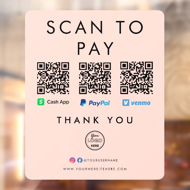 Paypal Venmo Cash App Scan to Pay QR Code Logo Window Cling (Sheet 2)