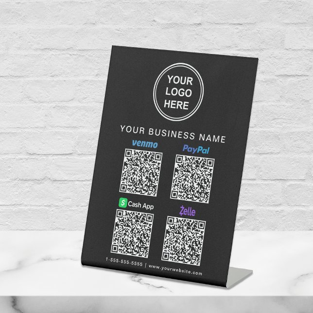 Paypal Venmo CashApp Zelle QR Code Logo Black Pedestal Sign (A QR code sign to effortlessly connect your customers to your payment platforms)