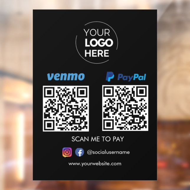Paypal Venmo QR Code Payment | Scan to Pay Black Window Cling (Sheet 2)