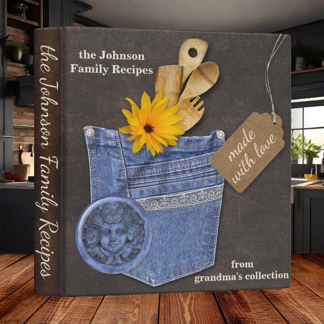 Pays Jeans Scrapbook Family Recette Classeur de re (Recipe binder featuring a leather look with scrapbook design with a jeans back pocket with cutlery)