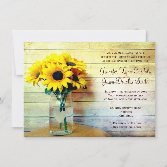 Pays Mason Jar Sunflower Invitations de mariage (Devant)