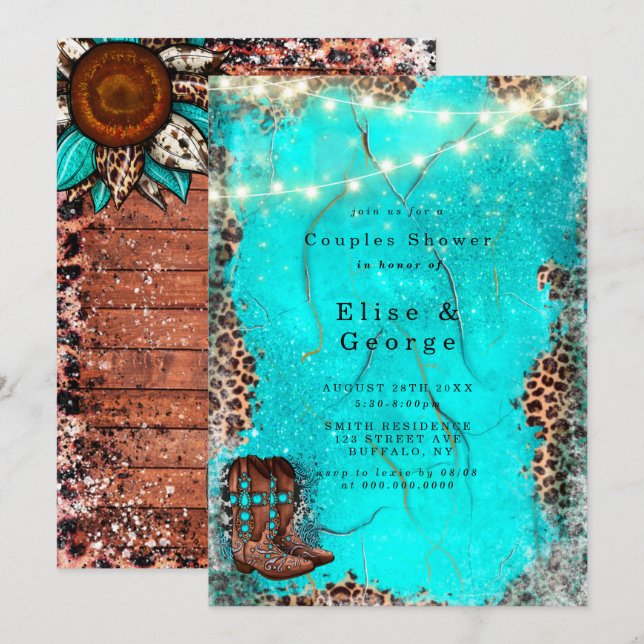 Pays Occidental Turquoise Couple douche Invitation (Devant / Derrière)